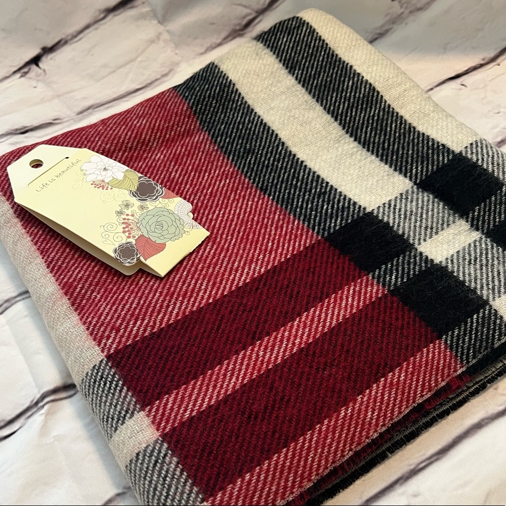 NWT Life is Beautiful Wrap/Scarf, Deep Red, Black and Gray plaid with Fringe.